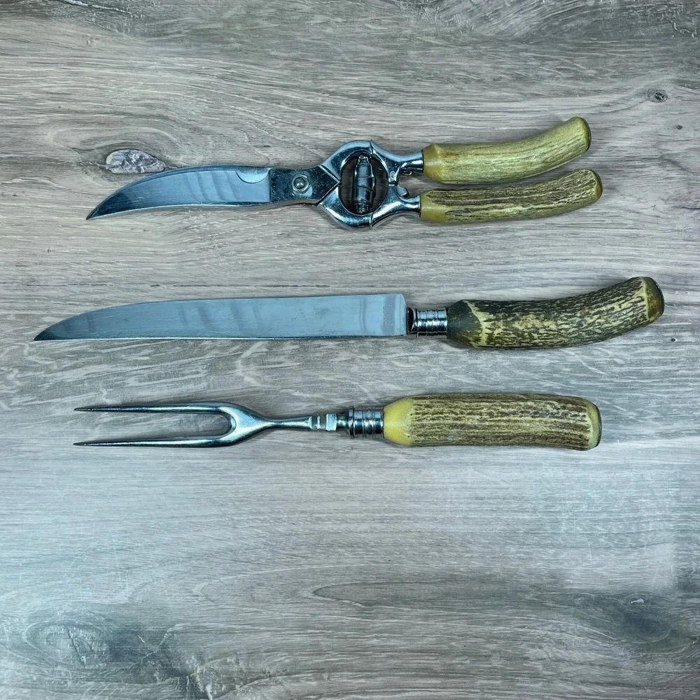 Vintage Boker U.S.A.‎ Stainless Carving Set: Knife, Fork & Chrome Poultry Shears
